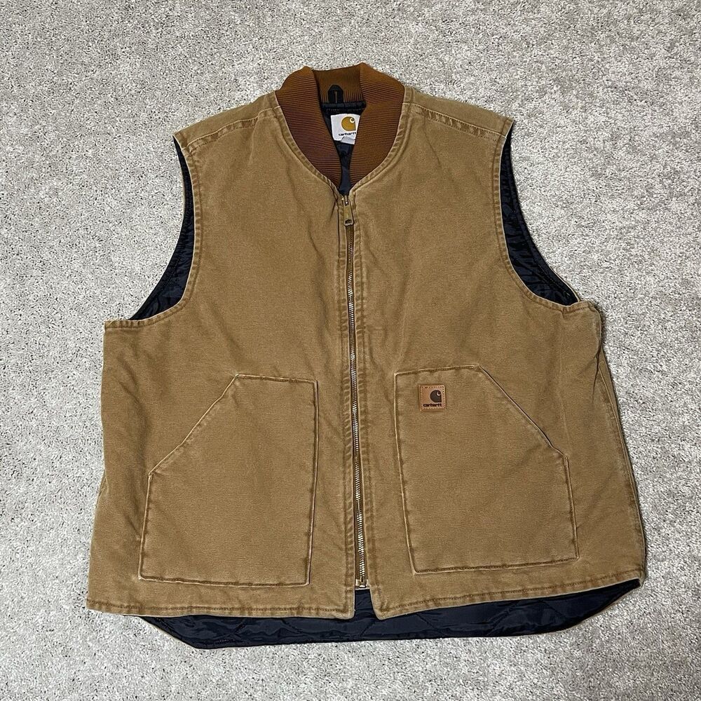 Carhartt Vest Mens XL Brown Duck Canvas Quilted Workwear Full Zip V02 211